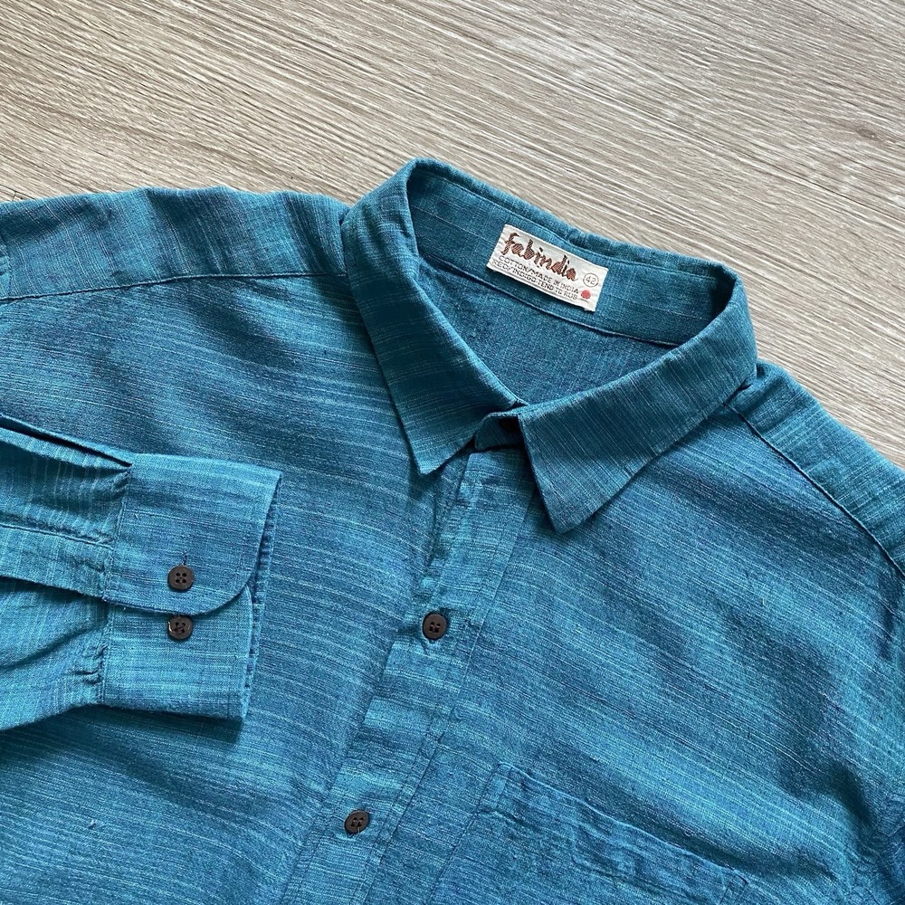Vintage Fabindia Woven Cotton Button Up Shirt Men's 42 Blue Indigo Dyed India